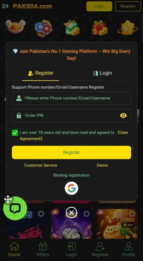 Get register to Pak804 Game