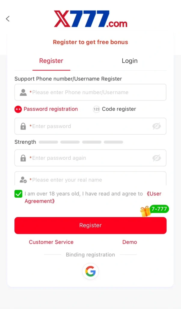Free Registration of X777 Game . Download and Register for Free