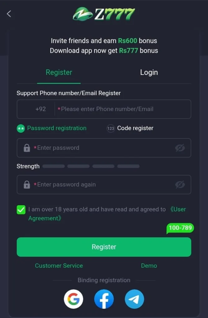 Free Registration of Z777 Game . Get Registered with Phone number and Password.