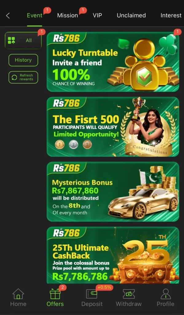 Enjoy Free Bonuses by Playing RS786 Game . New Earning Game in Pakistan.