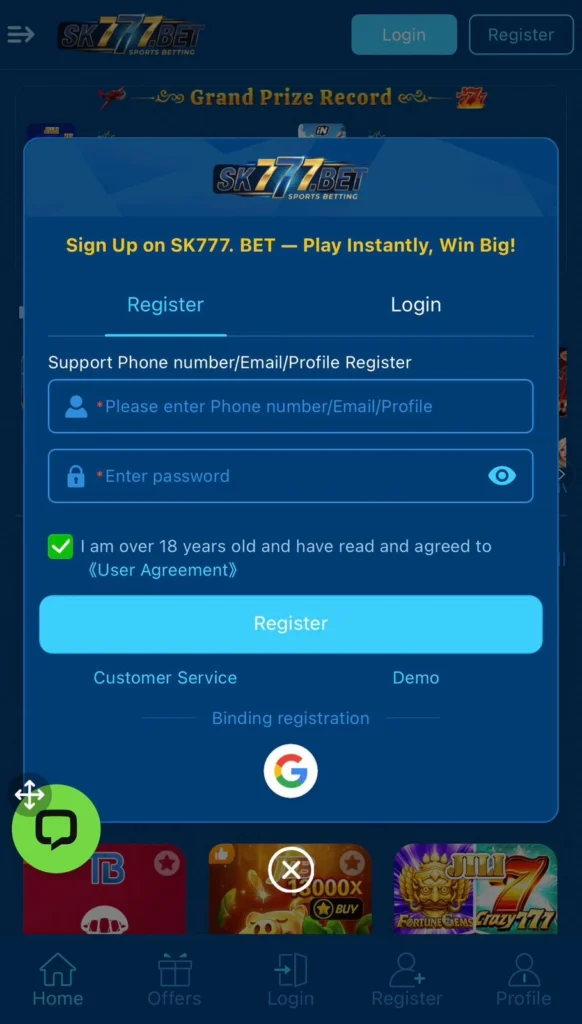 SK777 Game Free Registration . Download and Register For better Experience.